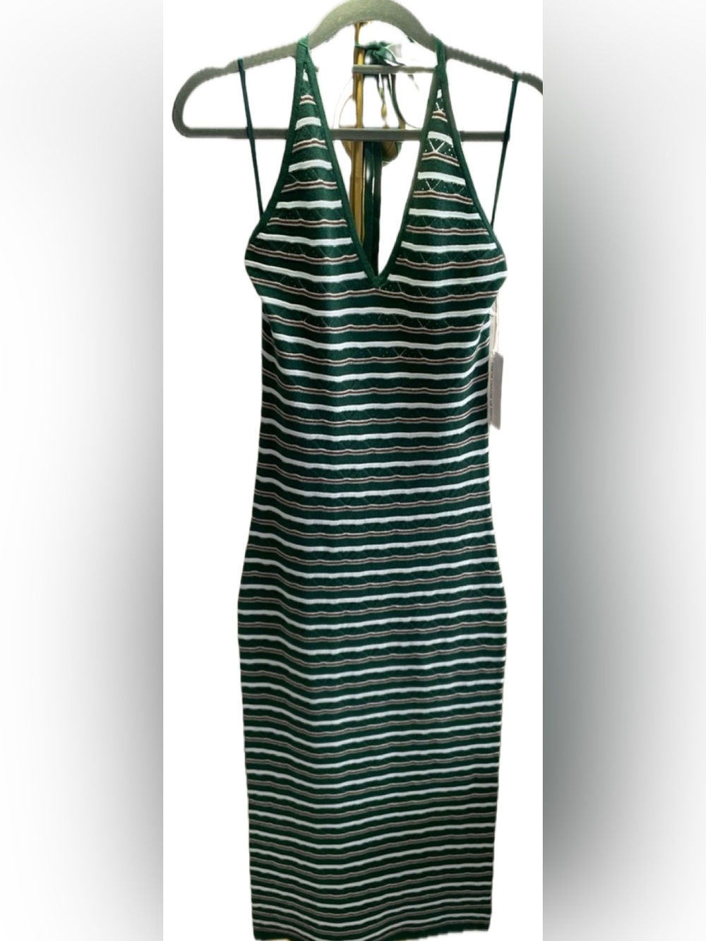 Torn by Ronny Kobo Green and White Striped knit halter V-Neck Dress. Size L